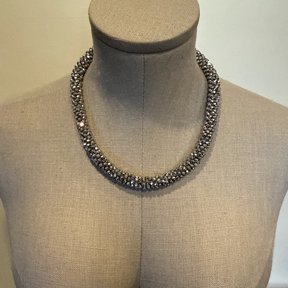 Silver-Tone Rhinestone Collar Necklace / Sparkly Statement Necklace